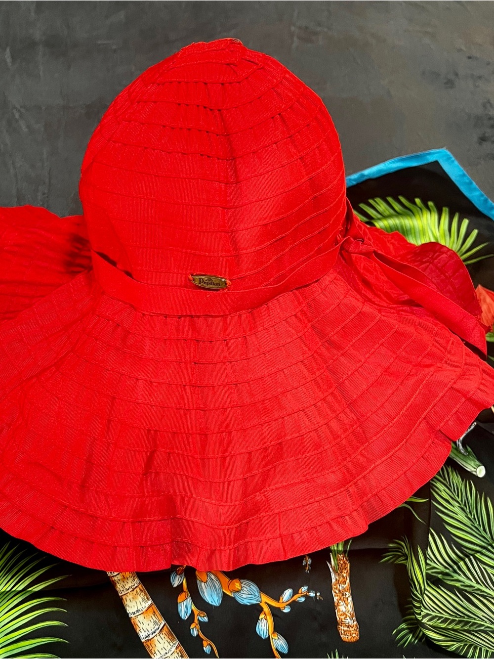 Vintage 90s Papillion Wms Red Ruffle Boho Cottagecore Retro Glam Sun Hat - Picture 9 of 9